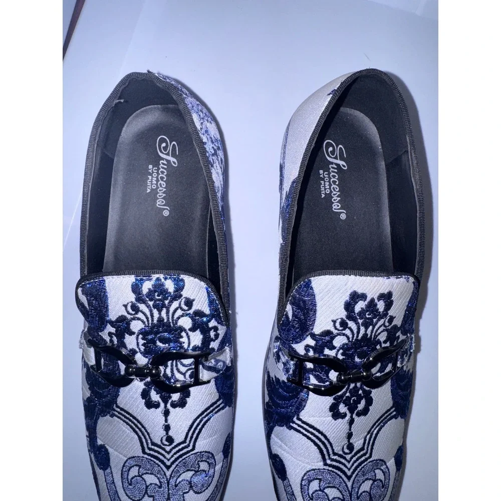 Successo Uomo by Puita Mens Blue White Jacquard Damask Bit Loafers Dress Shoes